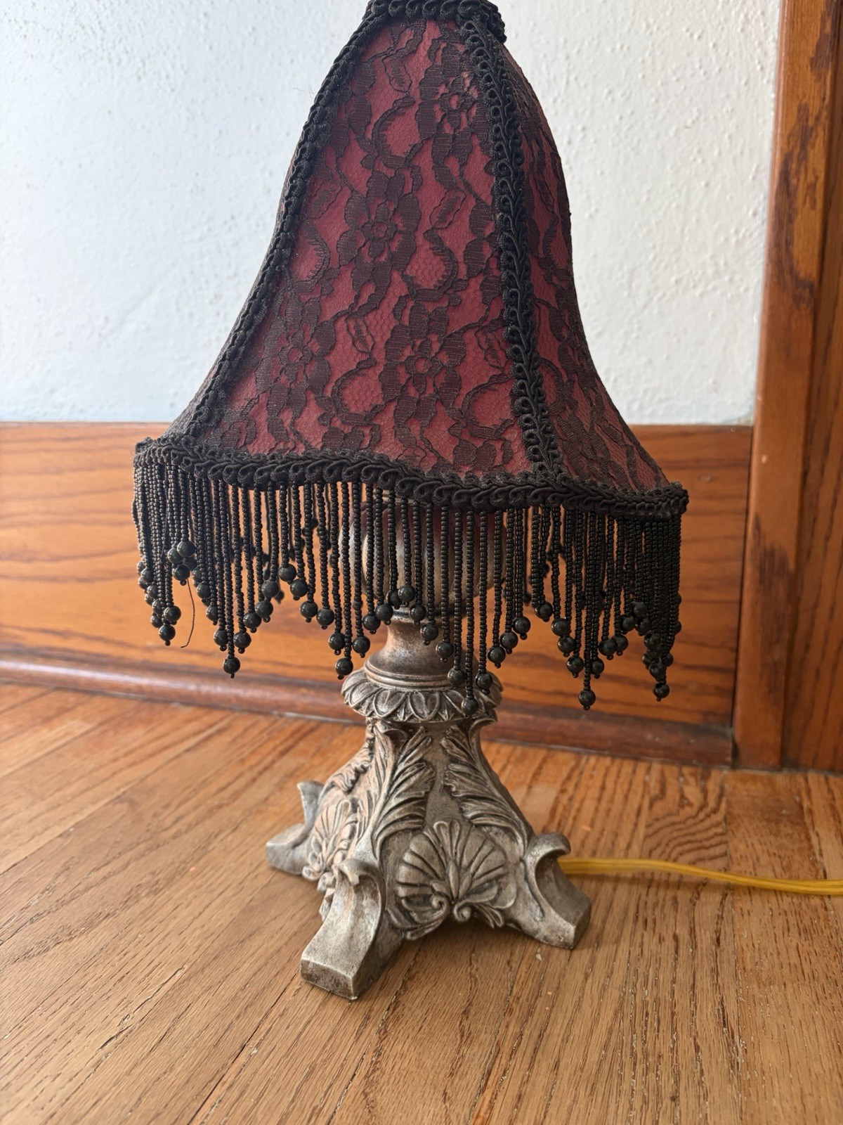 Gothic Victorian Style Boudoir Table Lamp Red Black Lace Beaded Fringe Ornate