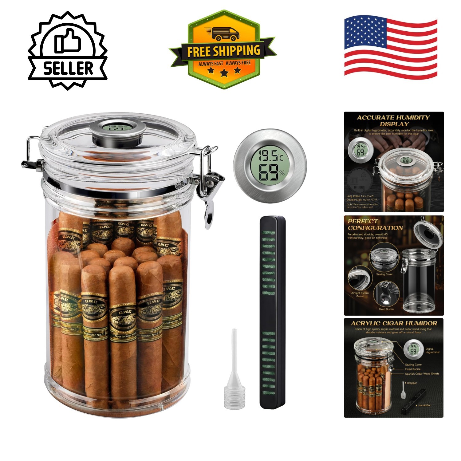 Portable Acrylic Cigar Humidor with Cedar Wood & Hygrometer, Fits 9 Inch Cigars