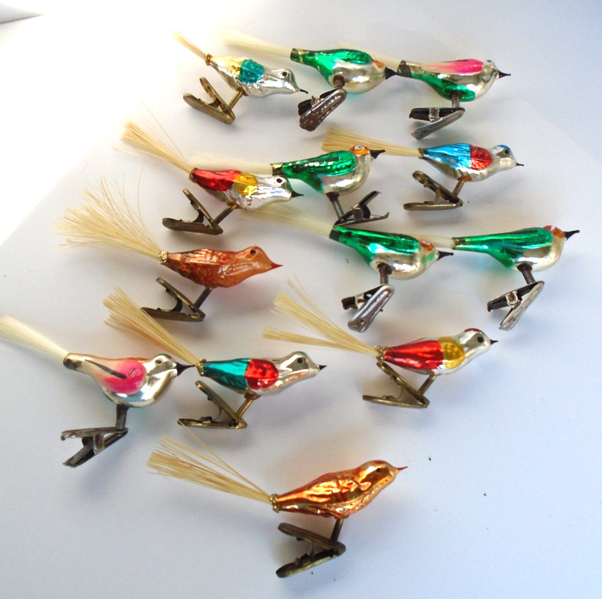 13 vtg. Hand Painted Mercury Blown Glass Bird Clip On Christmas Tree Ornaments