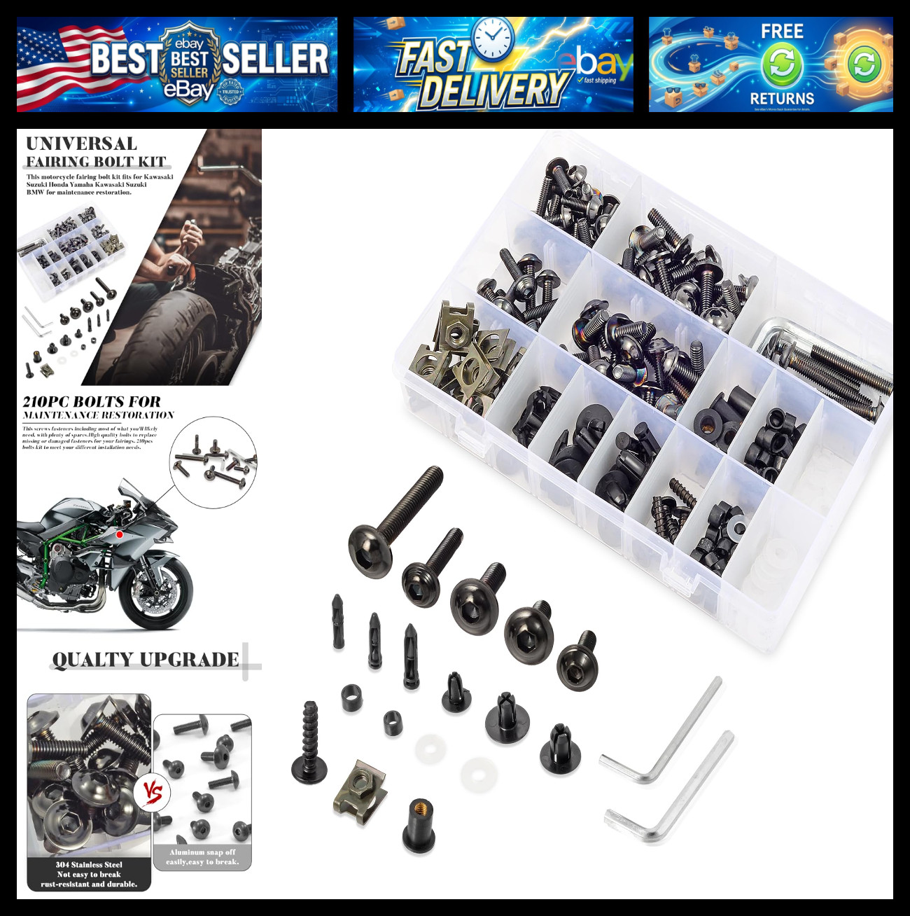 210 Pcs 304 Stainless Steel M5 M6 Motorcycle Fairing Bolt Kit (Black)