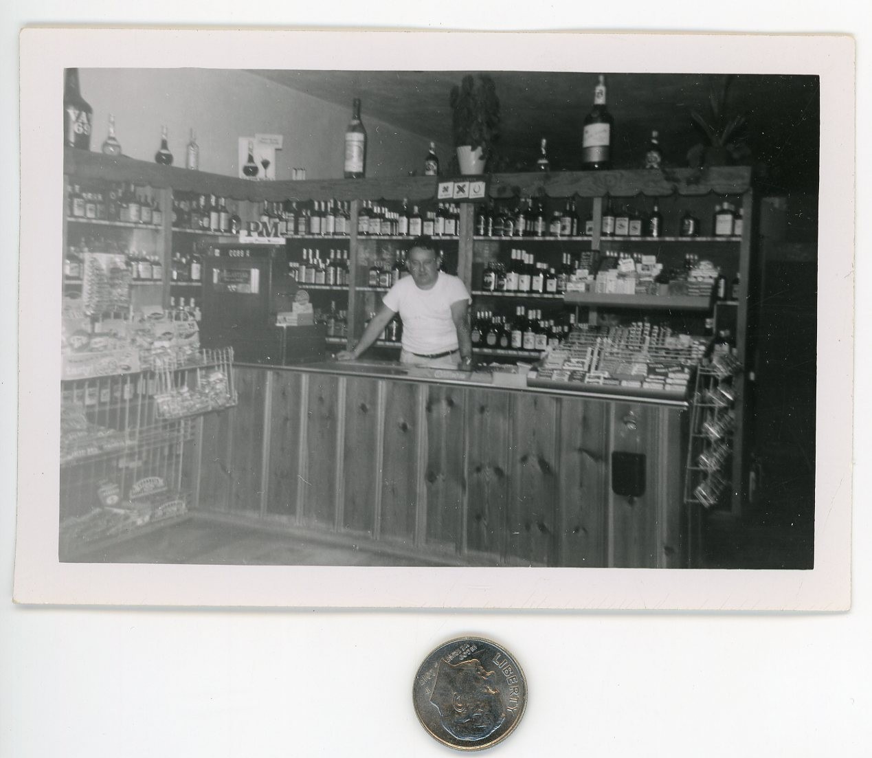 Old 1960's snapshot / Interior of LIQUOR STORE We Gots Booze Cigarettes & Chips