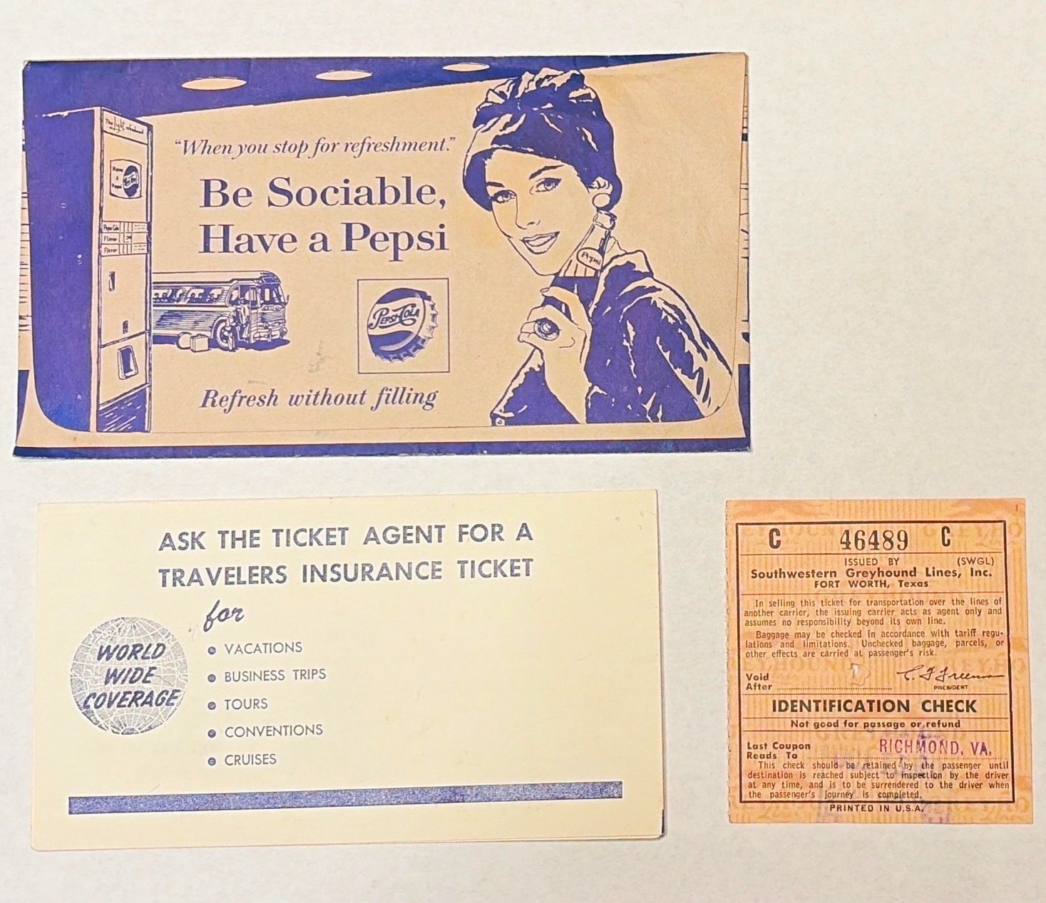 Greyhound Bus Ticket & Travel Paper Lot w/ Itinerary Card, ID Check, 1960