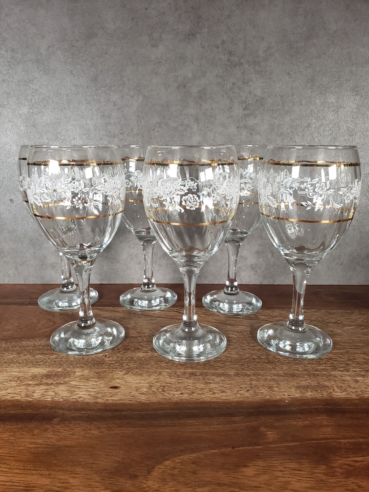 Set of 6 Vtg Pasabahce circle art of glass wine glasses white roses gold band