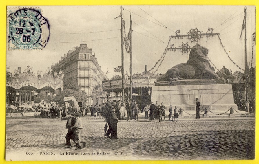 SPLENDID POSTCARD RARE PARIS 1906 La FÊTE FUNAINE au LION de BELFORT Carousel Carousel