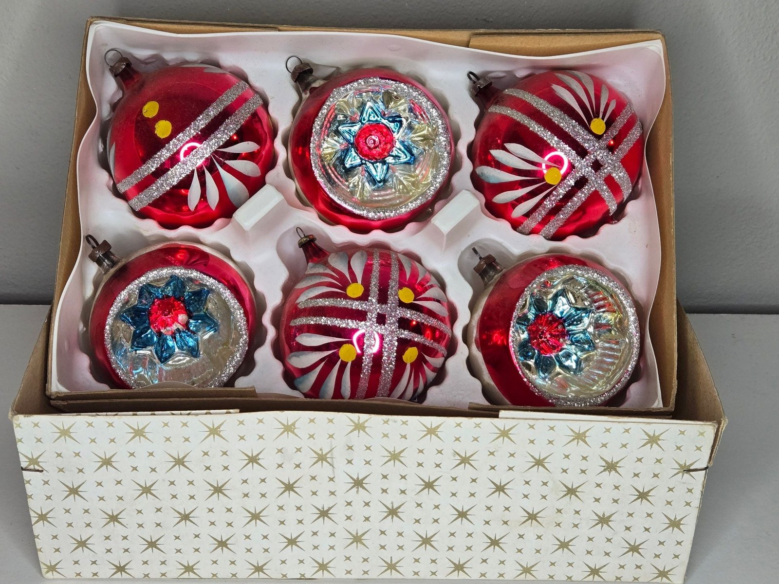 Vintage Hand Decorated Glass Christmas Tree Ornaments Set of 6