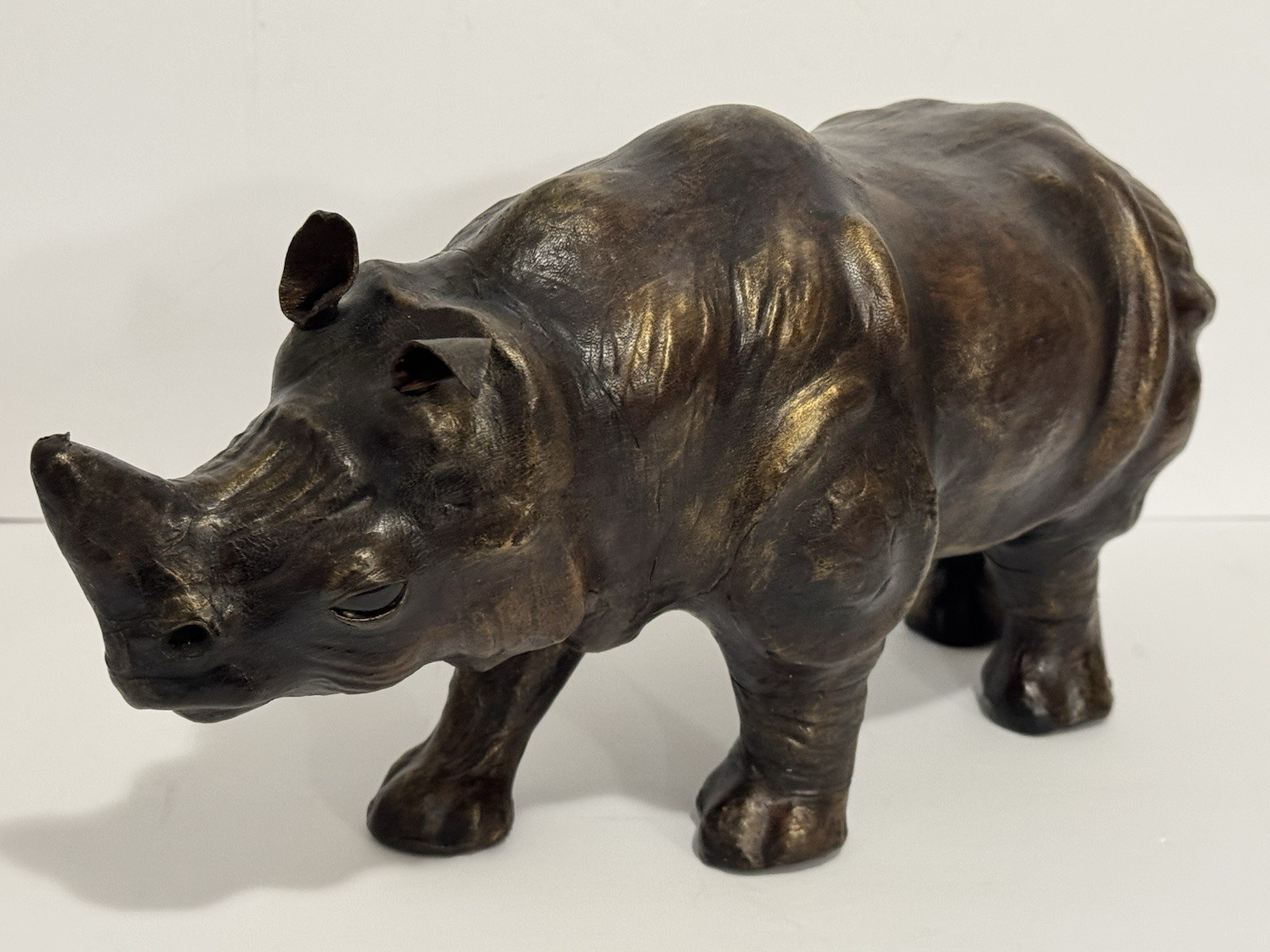 Vintage Leather Wrapped Embossed Rhinoceros Rhino Sculpture Figure Statue
