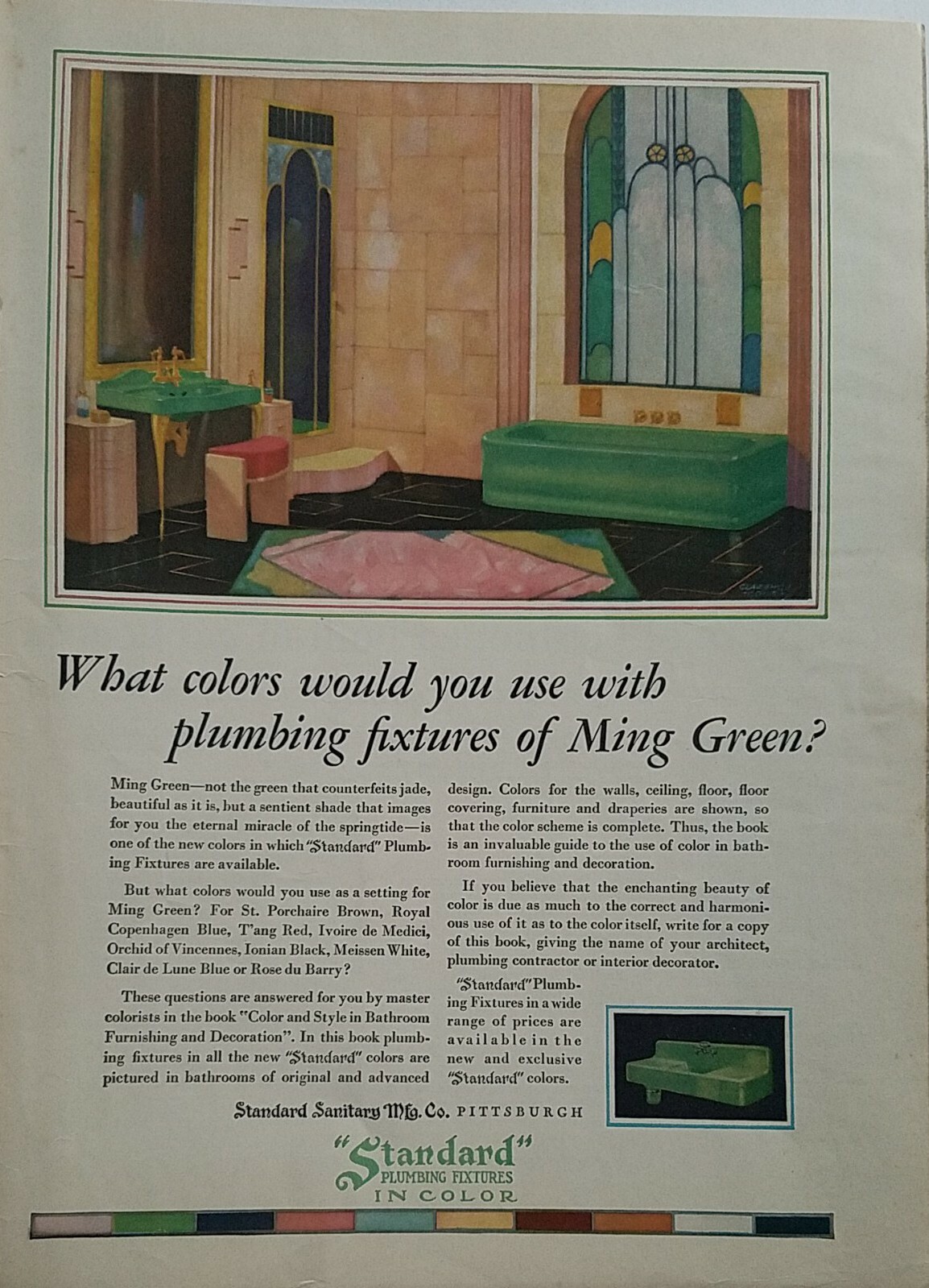 1929 standard sanitary Plumbing fixtures green bathtub sink Art Deco design ad