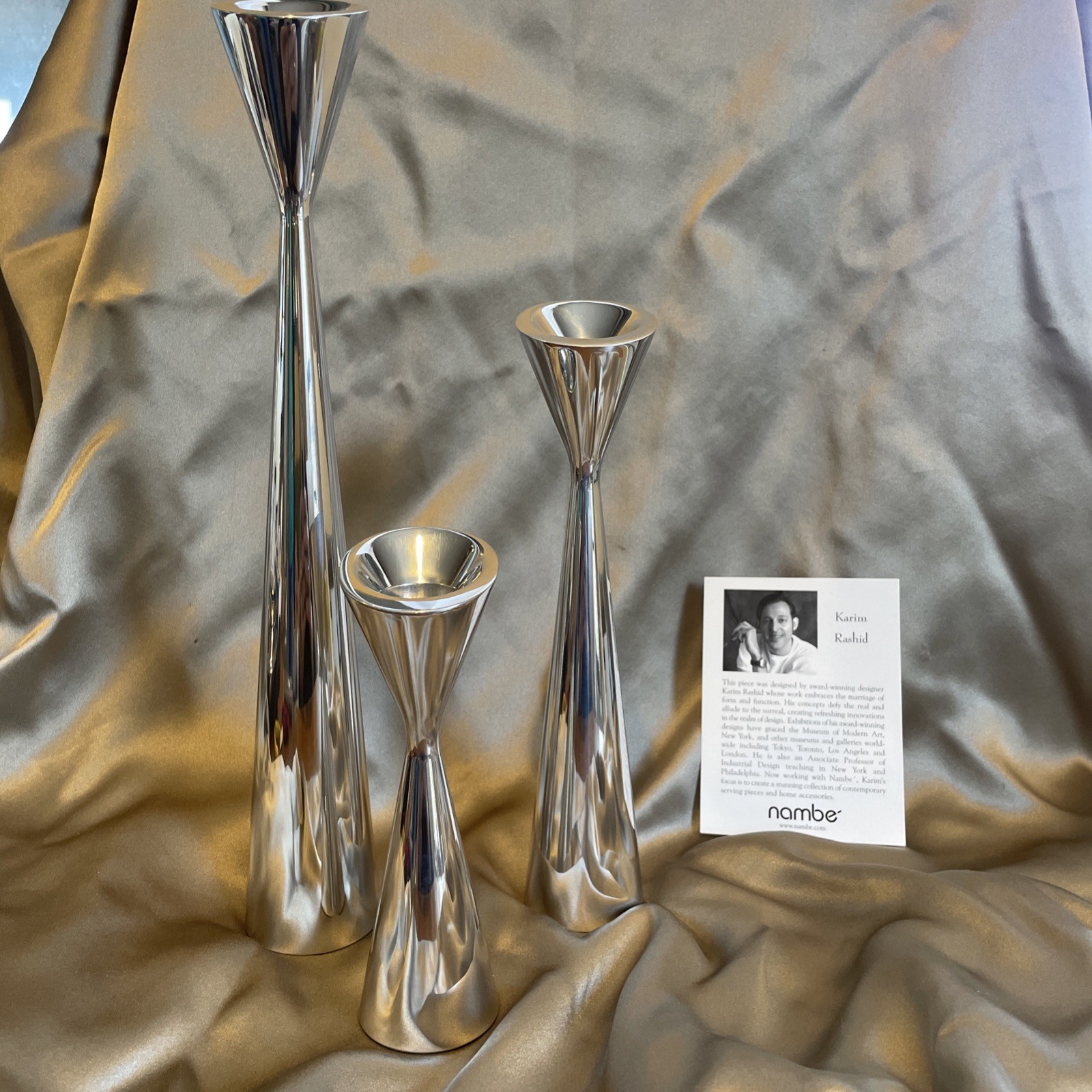 Vintg MCM Nambe Studio NOVA Candlestick Trio Signed Karim #6047, 6046, 6045 NIB