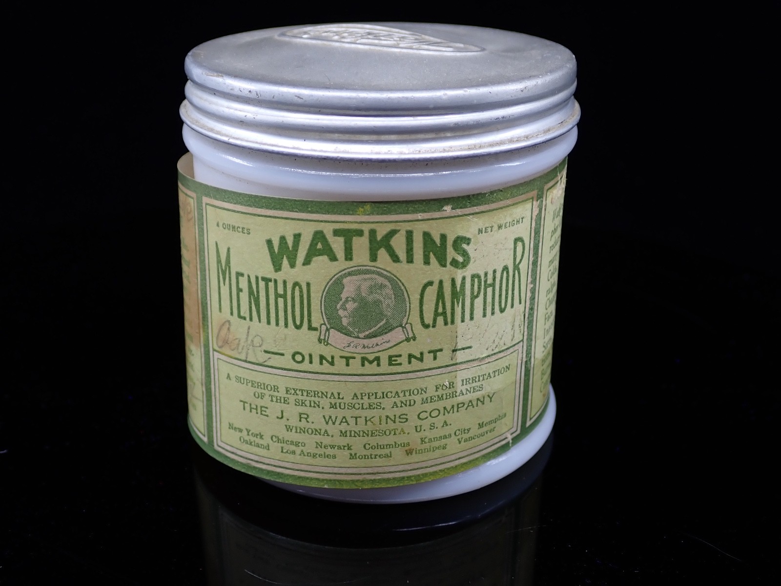 Vintage Watkins Menthol Camphor Ointment Jar 4oz White Milk Glass Embossed