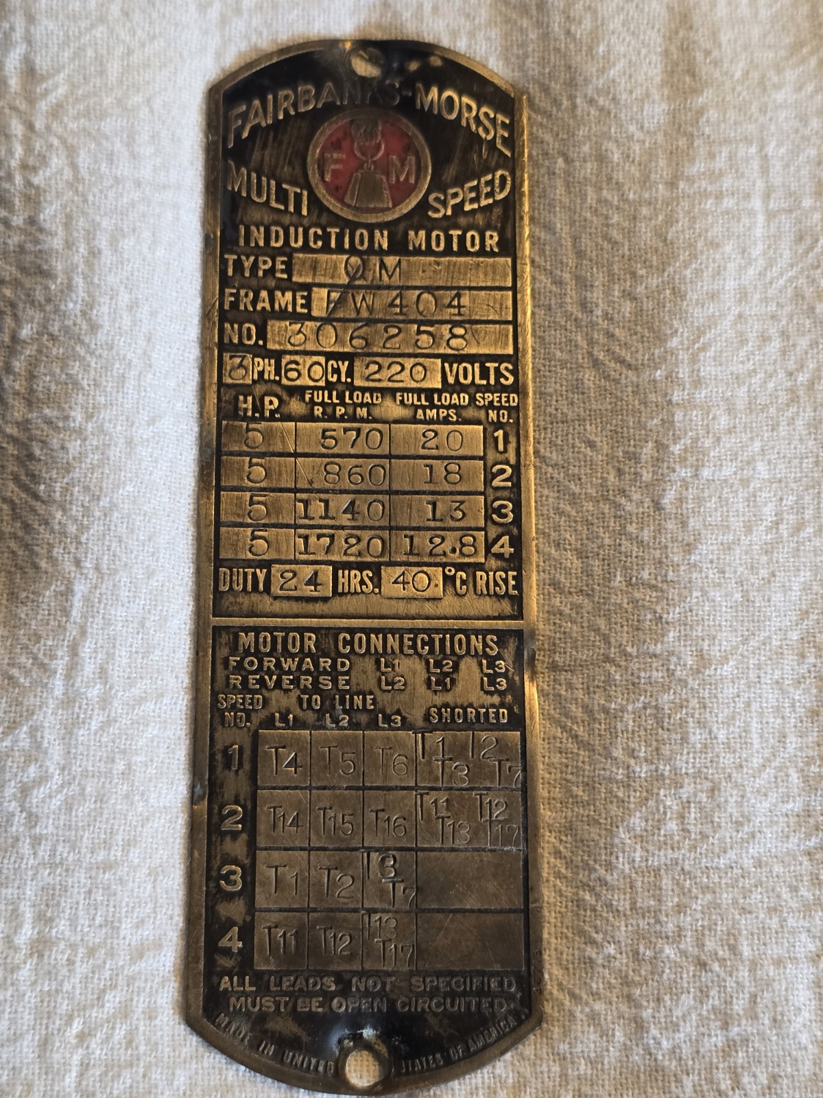 Vintage Fairbanks Morse Brass Motor Data Plate Tag 5 HP 220V Industrial...