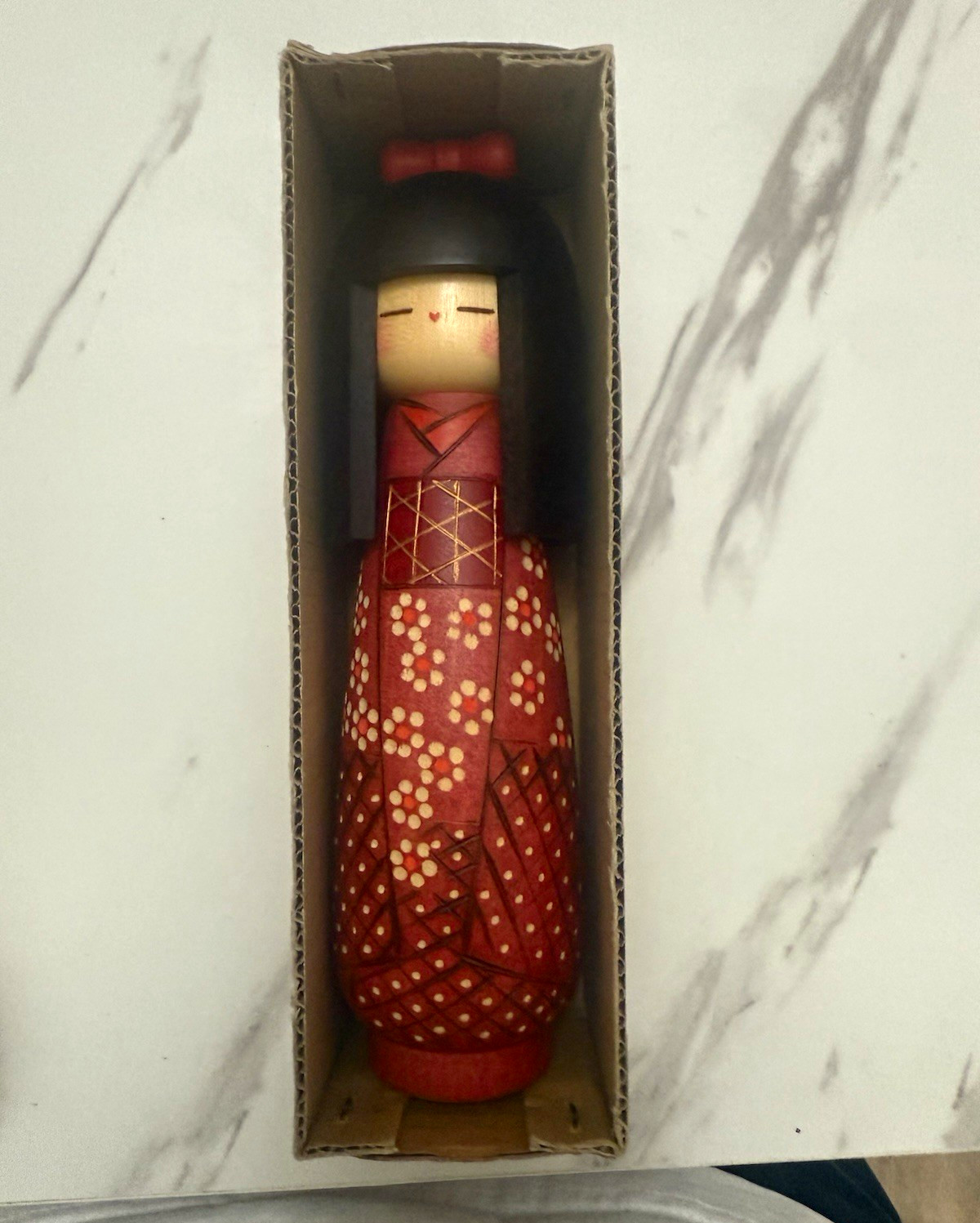 Japanese Handmade Wooden Doll Figurine Red Patterned Kimono w/ Box