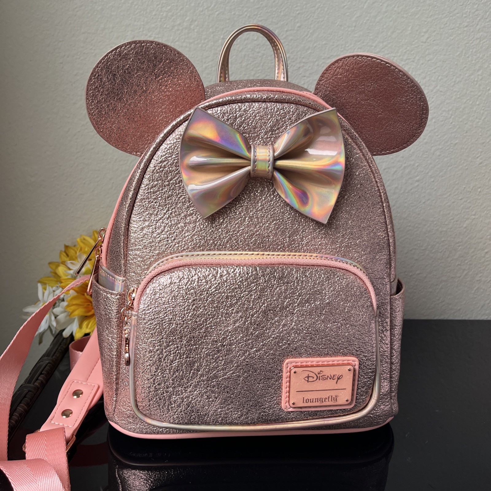 Disney Parks Loungefly Minnie Mouse Rose Gold Sequin Mini Backpack