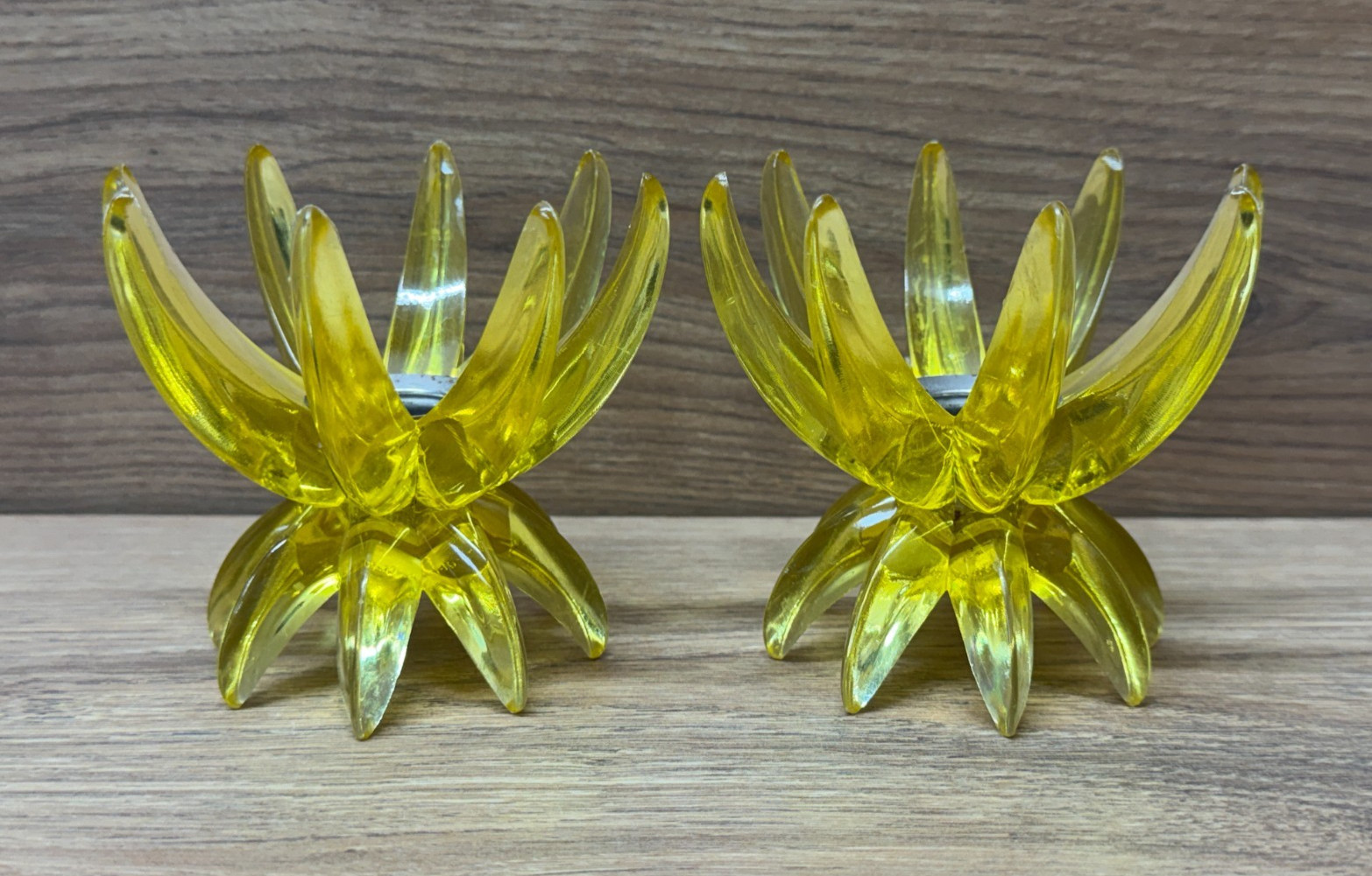 Pair MCM Friedel Ges Gesch Atomic Sputnik Yellow Lucite Candle Holders Germany