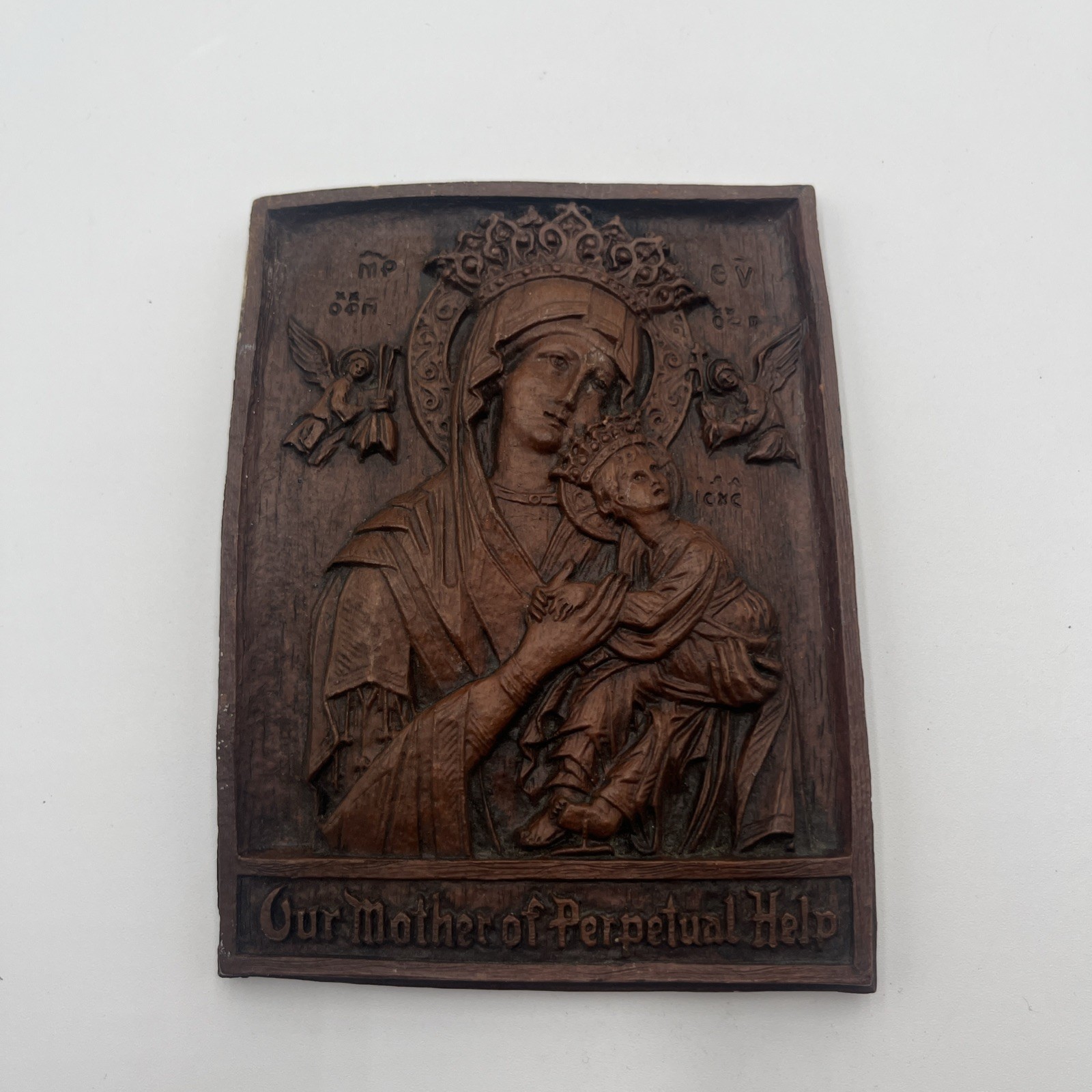 Vintage Our Mother of Perpetual Help Wall Relief Embossed Catholic / Wooden 5x4