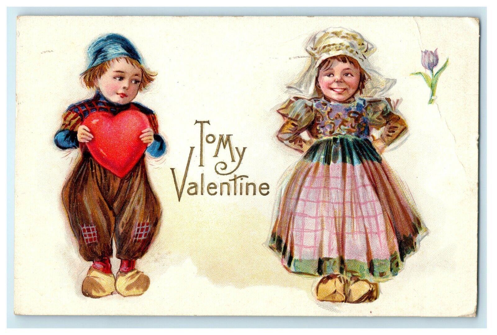 1910 Dutch Kids Boy Girl Giving Love Embossed Valentines Day Postcard