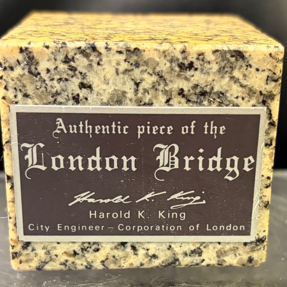 Authentic Piece of the London Bridge Granite Cube Signed Harold K King 3.5in