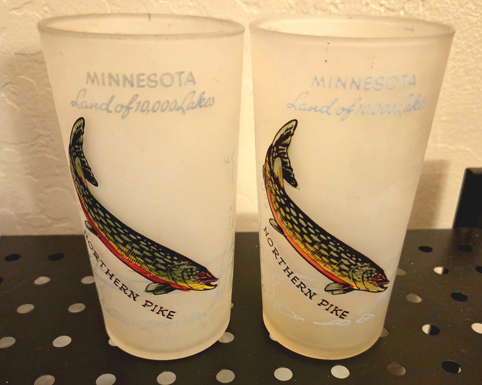 Vtg 1950s Minnesota Souvenir Frosted Glasses Pair Northern Pike Fish Tumbler