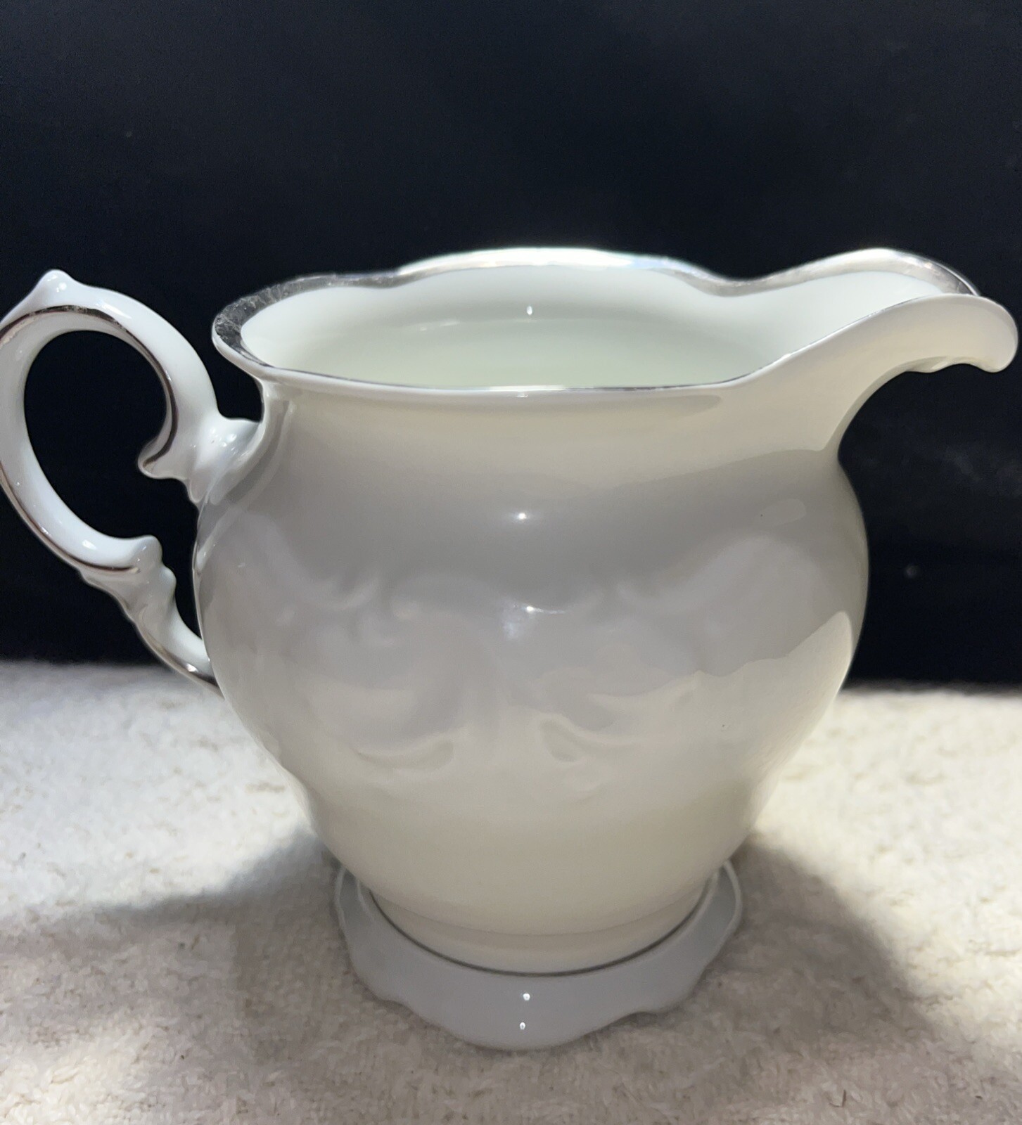 Walbrzych Bone China Creamer, Poland Raised Scrollwork Silver Gilding