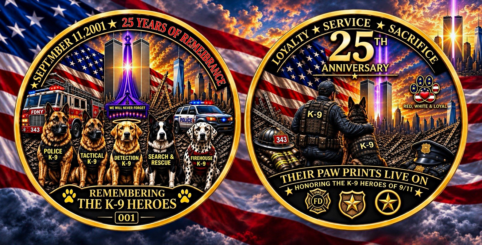 9/11 K-9 Hero Remembered 25th Anniversary Challenge Coin. Limited availability