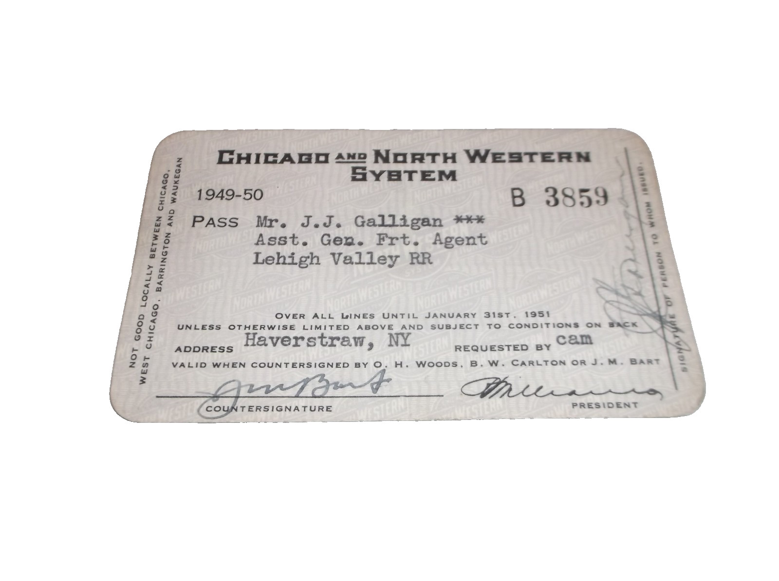 1949 1950 C&NW CHICAGO & NORTH WESTERN EMPLOYEE PASS #3859 LEHIGH VALLEY