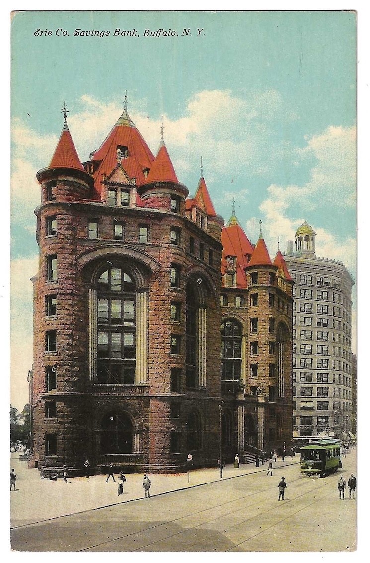 Buffalo New York c1910 Erie County Savings Bank, vintage trolley car