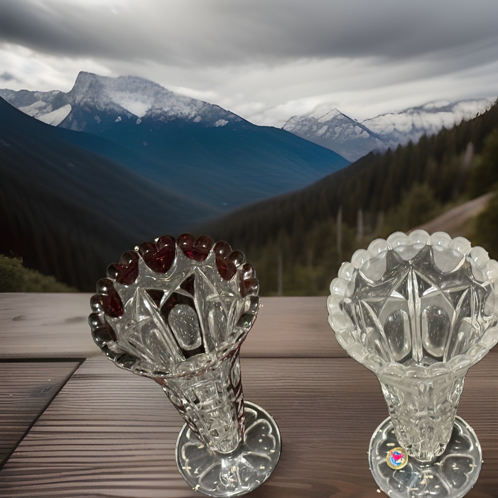 2- Vintage W. Germany Hofbauer Frosted & Clear Glass Heart Vase Lead Crystal EUC
