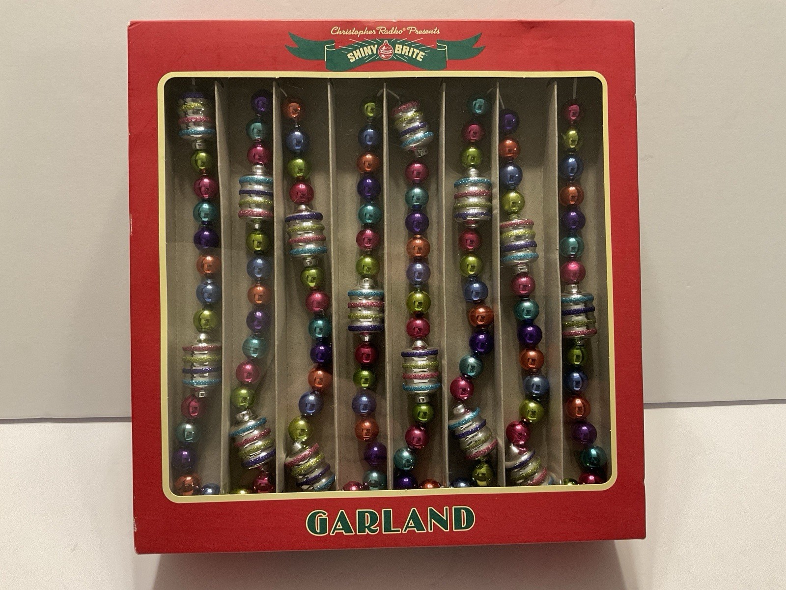 Radko Shiny Brite Glass Christmas Tree Garland Figural Red Pink Aqua Green 7ft