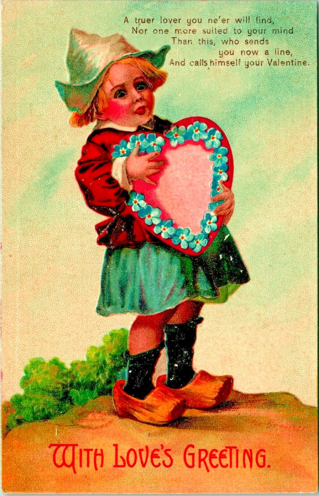 Dutch Girl Clogs Flower Wreath Valentine\'s Day Clapsaddle 1910s Vtg Postcard