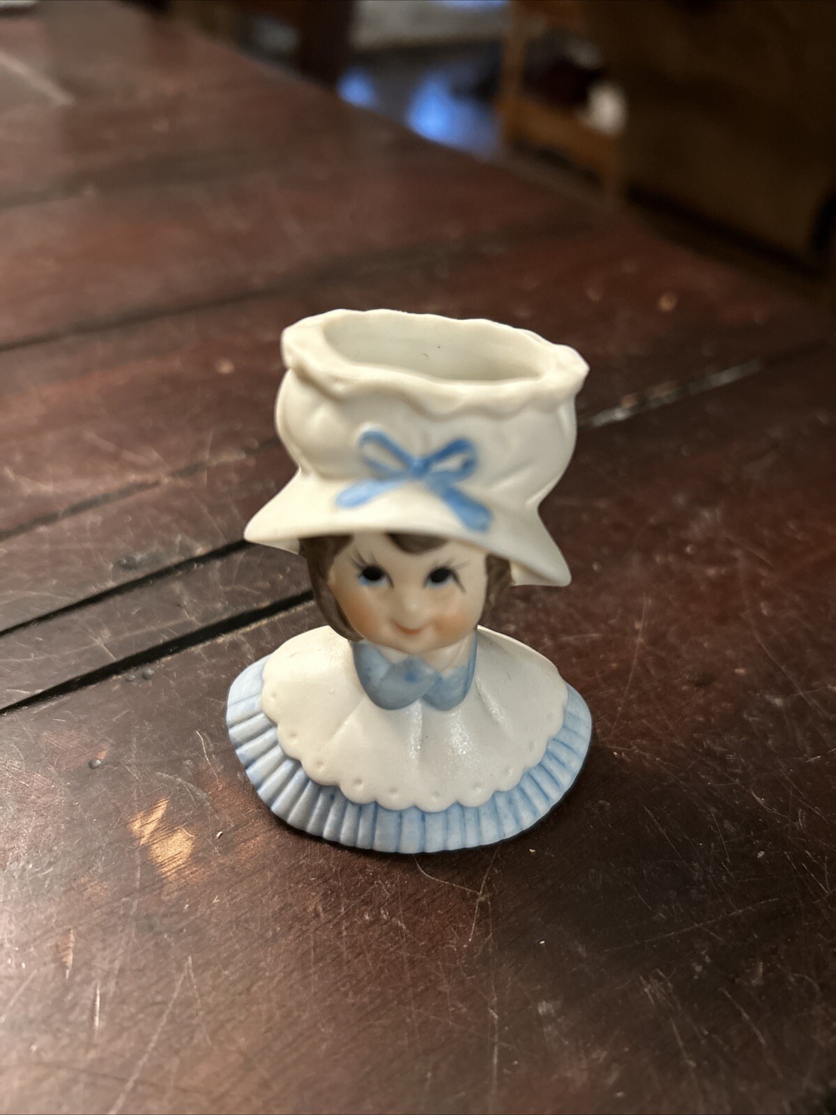 Ceramic Little Girl Mini Head Vase / Toothpick Holder Blue & White