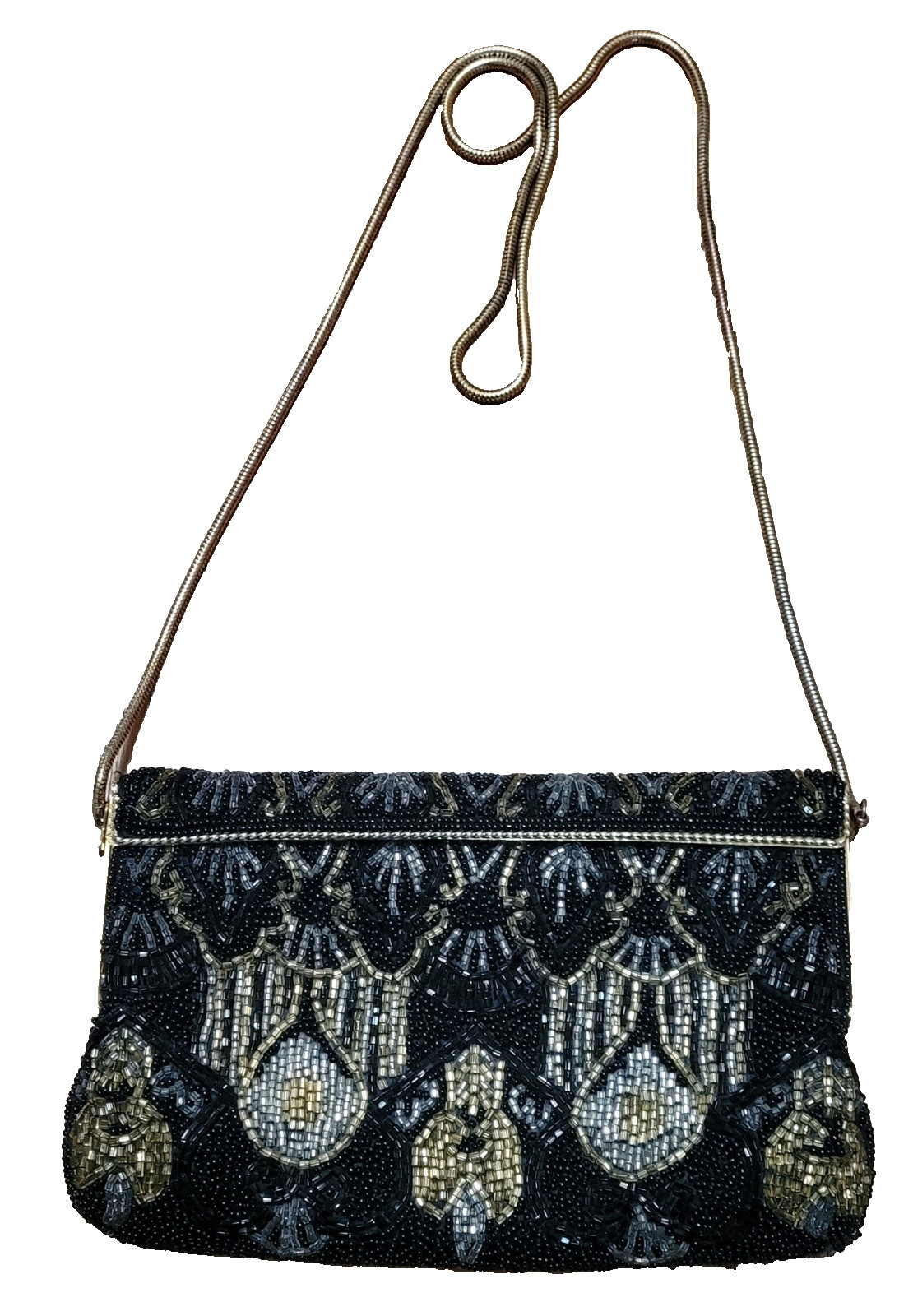 Beaded Sequin Evening Purse w/Metal Frame & Strap Retro Clutch Bag gold VTG Blk