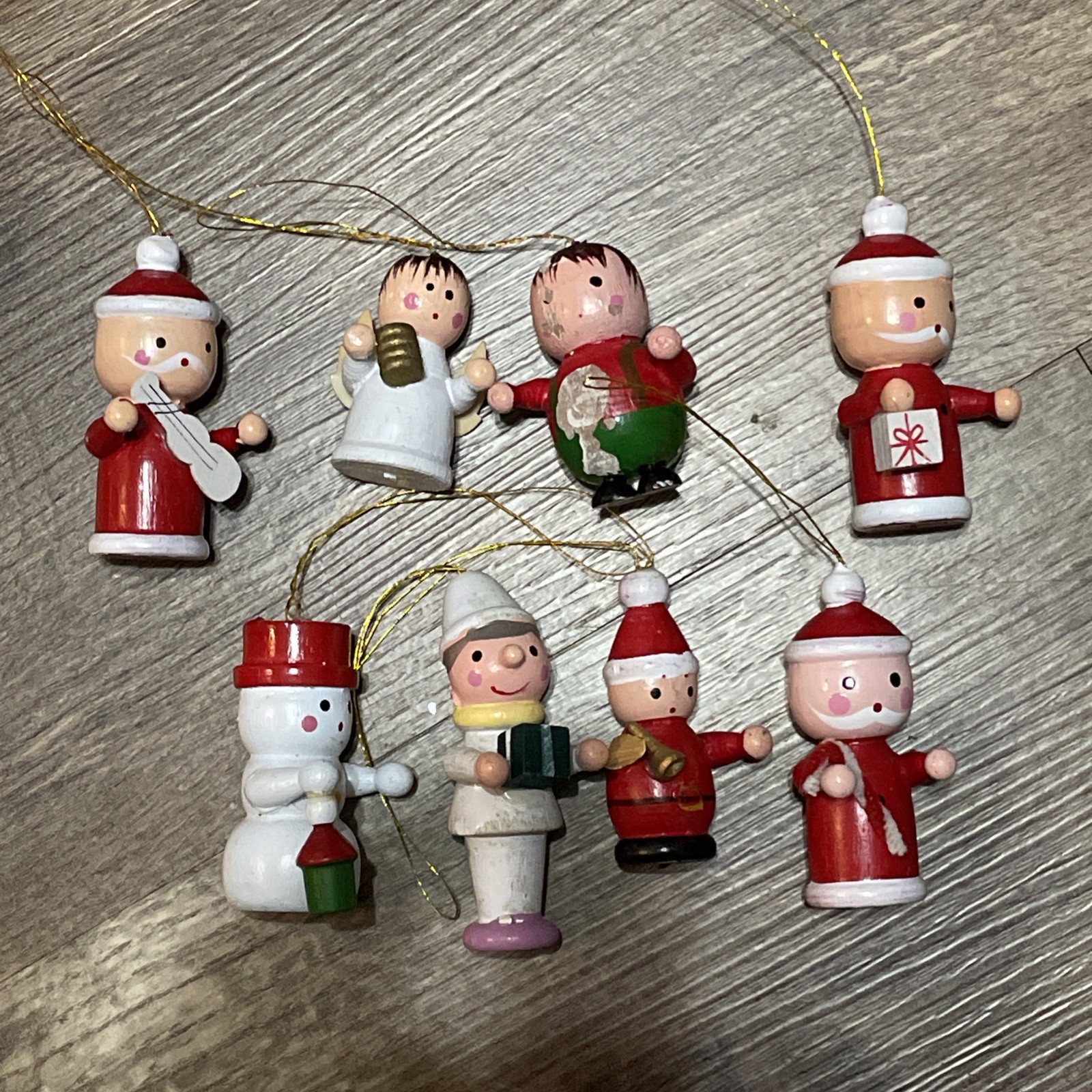 Vintage Wooden Christmas Ornaments Santa Elf Angel Set Of 8 Some Damage
