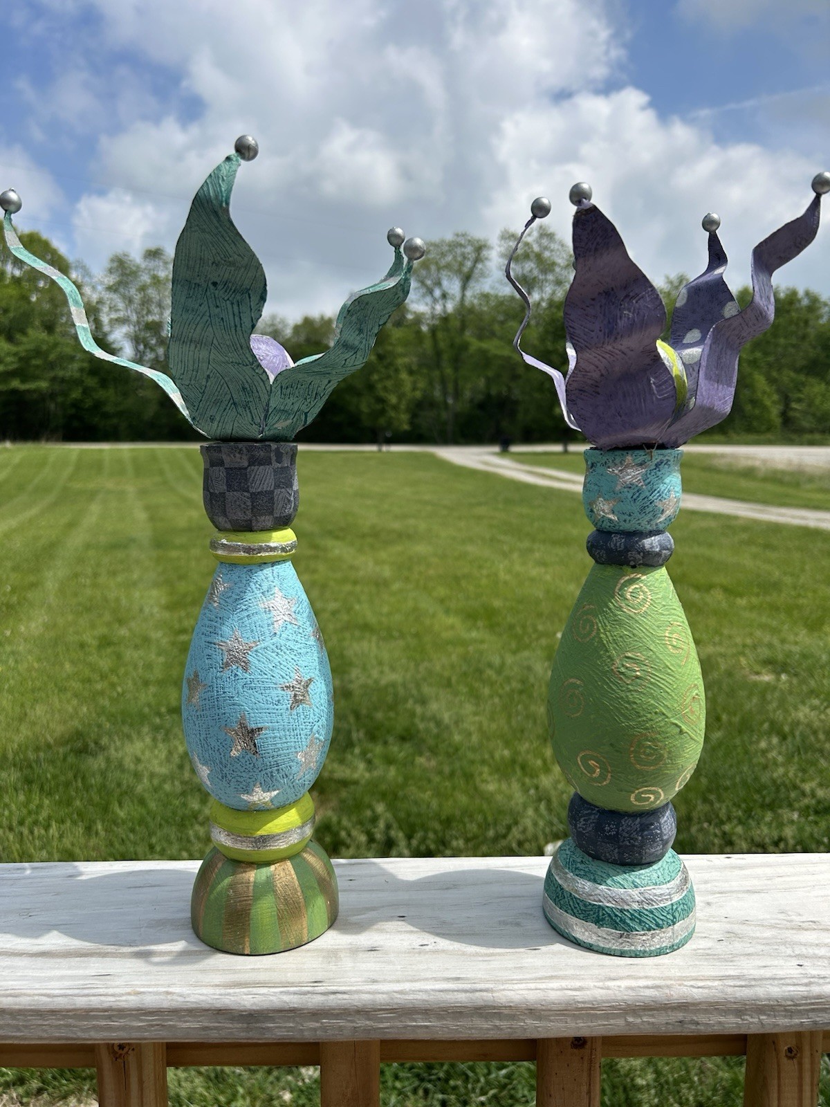 Vintage Set 2 Dept 56 15” Whimsical Wood Column  Candlesticks Y2K Small Flaw