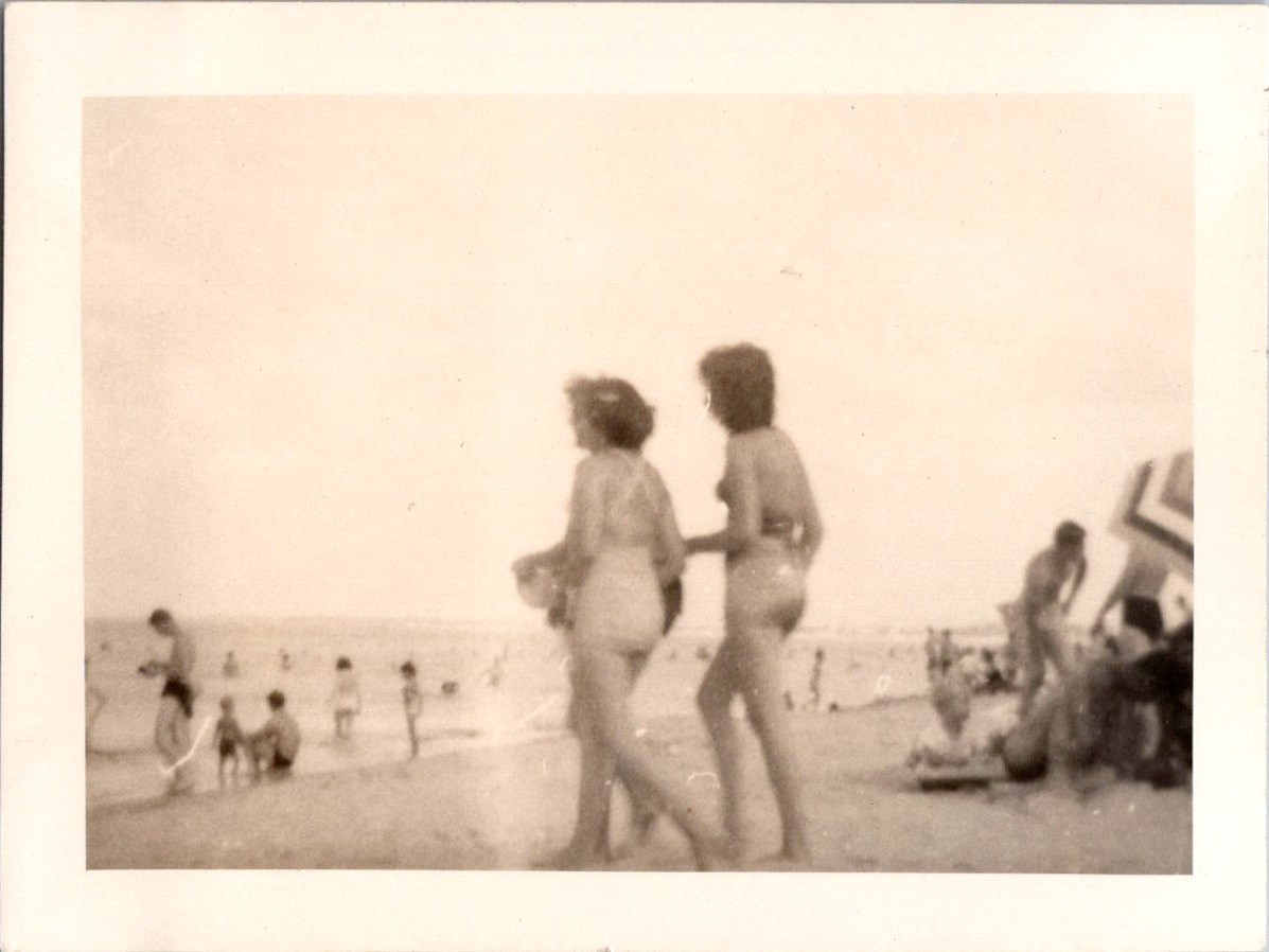 Vintage 1950s Snapshot Photo Two Women in Swimsuits Beach Scene Sepia Tone