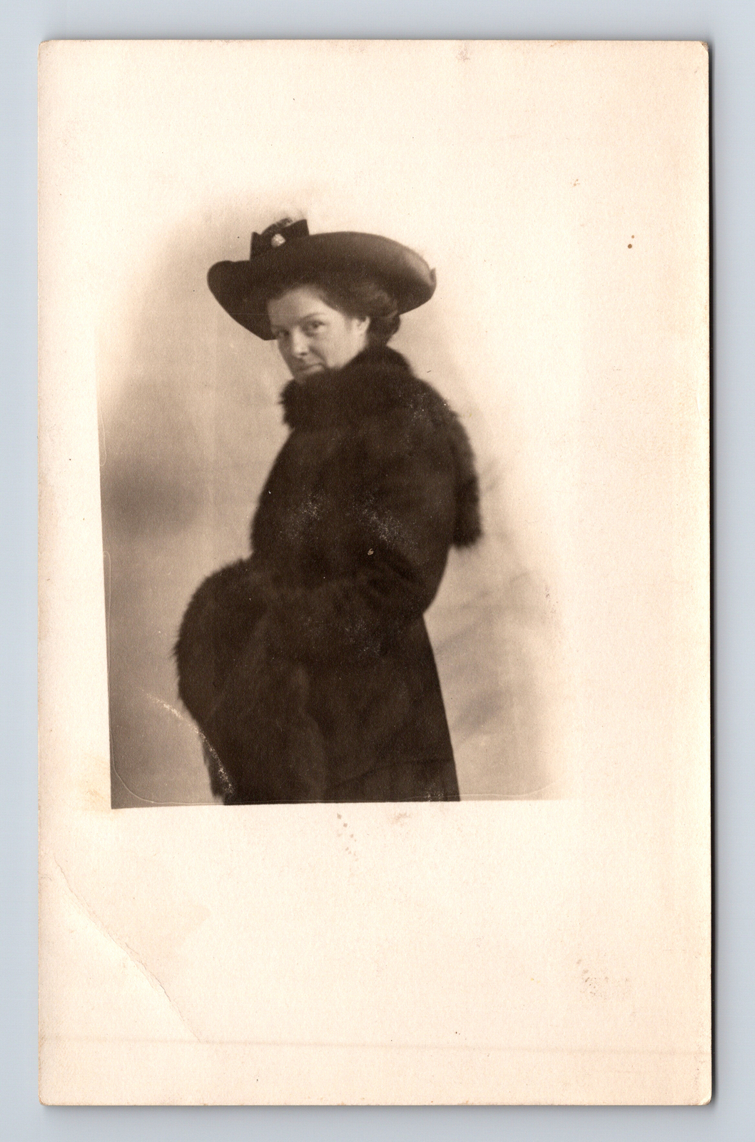 RPPC Young Woman in Dark FurCoat and Large Hat Intent Gaze Real Photo Postcard RPPC Young Woman in Dark FurCoat and Large Hat Intent Gaze Real Photo Postcard