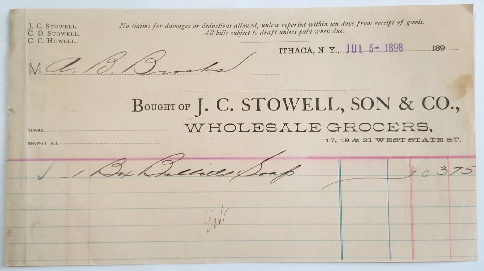 1898 Invoice, J.C. Stowell, Son & Co., Wholesale Grocers, Ithaca, New York 1898 Invoice, J.C. Stowell, Son & Co., Wholesale Grocers, Ithaca, New York