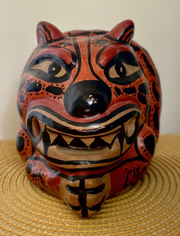 Vintage 1994 Nicaraguan Terracotta Jaguar Tribal Mask Signed Hand Painted Vintage 1994 Nicaraguan Terracotta Jaguar Tribal Mask Signed Hand Painted