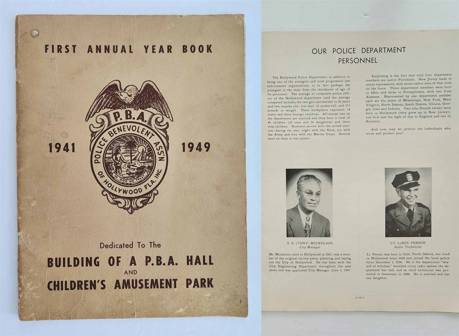1949 antique HOLLYWOOD fl POLICE history 1ST ANNUAL YEARBOOK officer photos ads 