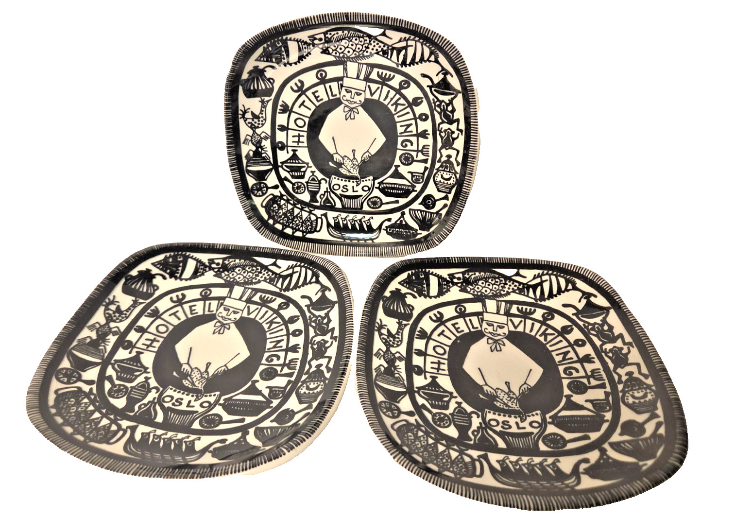 1950s Stavangerflint Hotel Viking Chef Plates, Designer Kari Nyquist , Set of 3