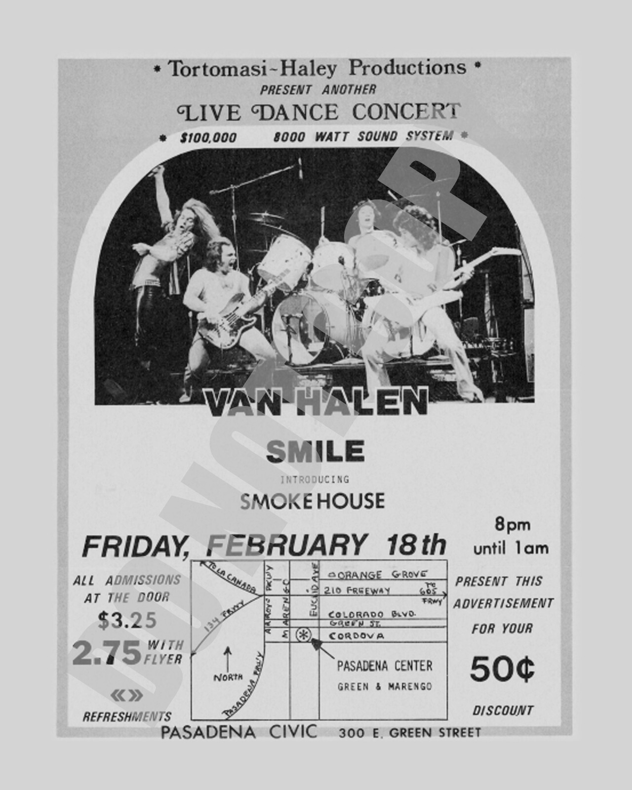 February 1977 Van Halen Concert Pasadena Civic Center Flyer Handbill 8x10 Photo