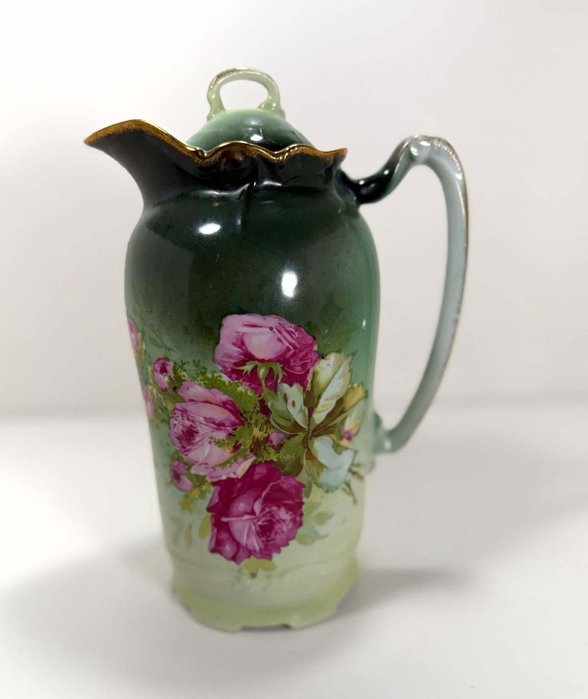Antique Unger & Schilde Three Crown China Germany Chocolate Pot Pink Roses 