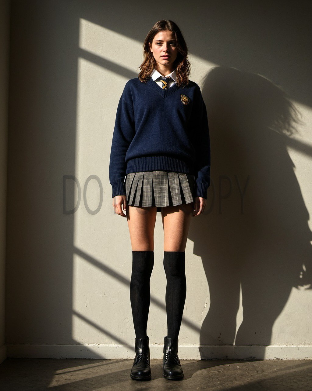 Adult Woman School Uniform Navy Sweater Plaid Skirt Portrait Art Print