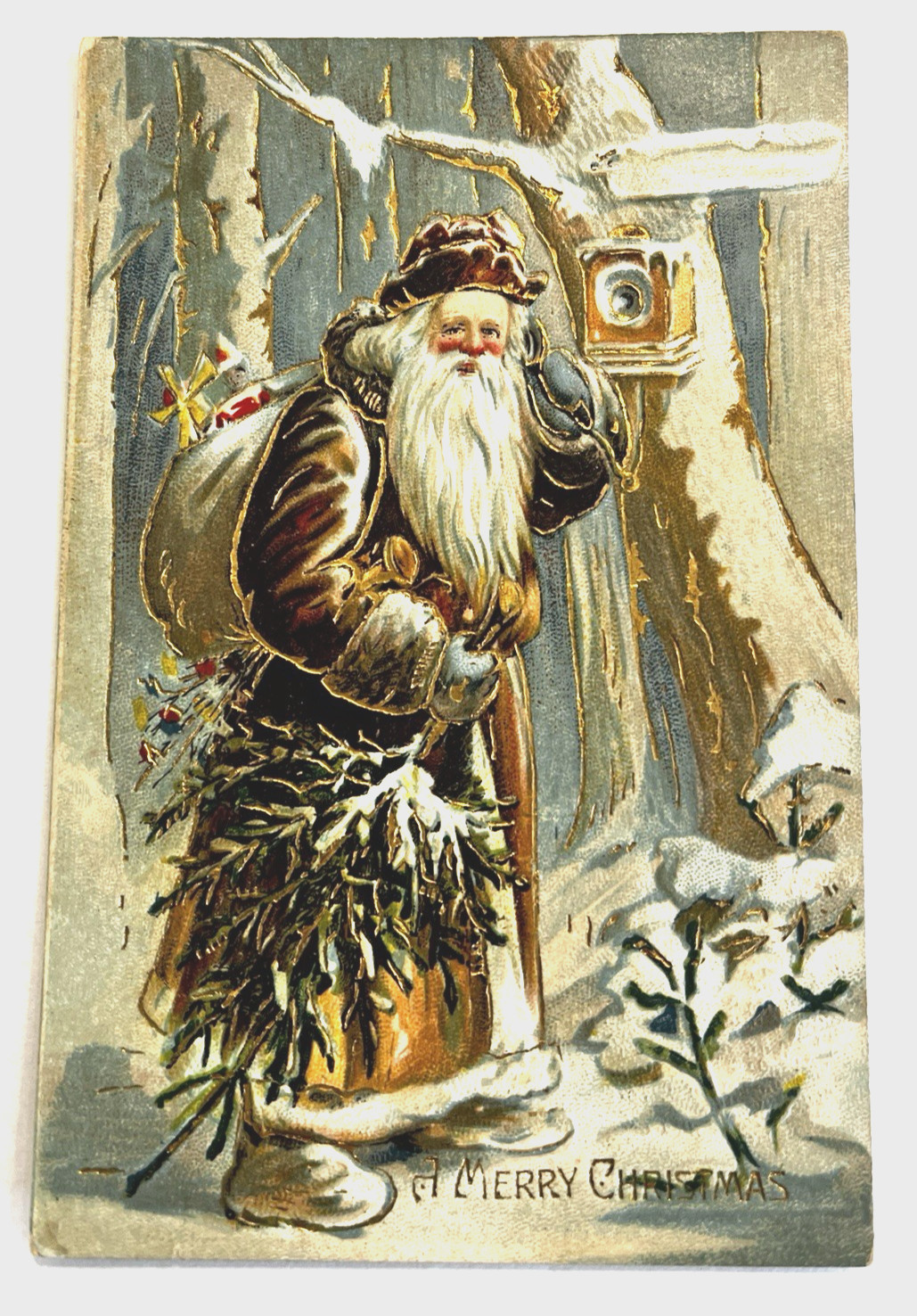 Santa Claus Brown Coat Blue Gloves Telephone Tree Gold Detail Christmas Postcard