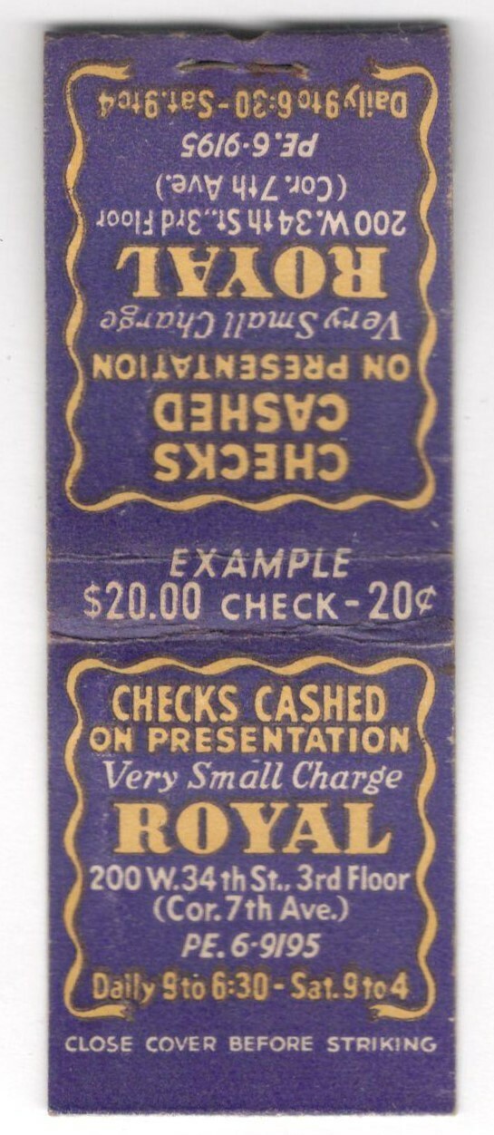 Royal Checks Cashed 34th Street New York City Vintage Matchbook Cover JM24