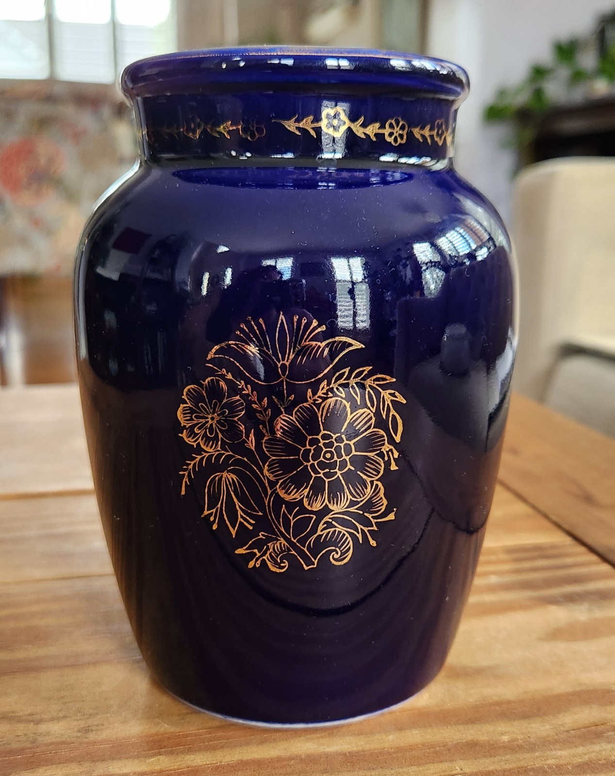 Vintage Cobalt Blue Porcelain Vase, Gold Floral Gilding, LFZ USSR