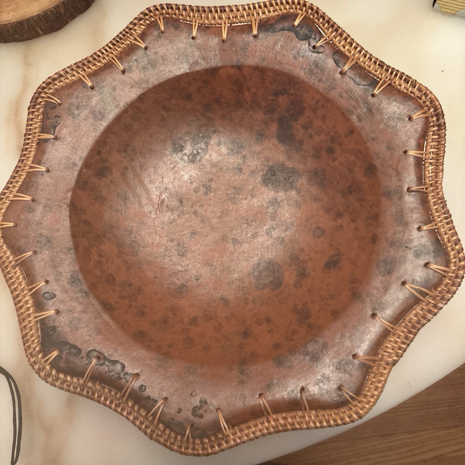Vintage Sasak Pottery Hand Crafted Terracotta Edge Woven Wicker Basket