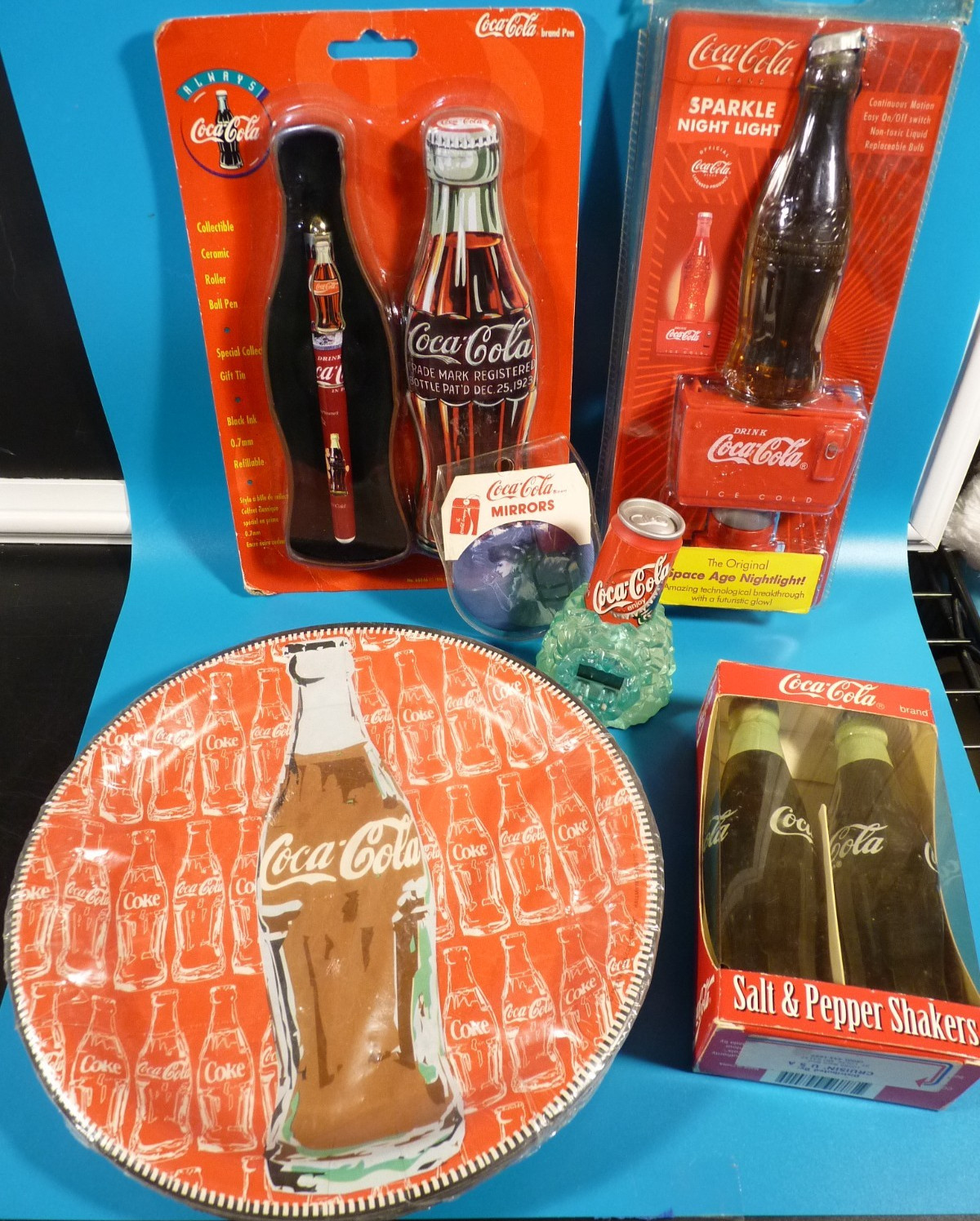 Vintage Coca Cola Memorabilia Lot (6) Pen/Night Lite/Salt Pepper/Mirror/Clock...