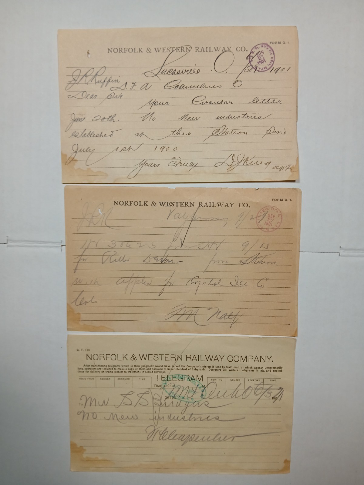 Antique 1901 Norfolk & Western Railway Letter  Lucasville Ohio Station  Lot Of 3