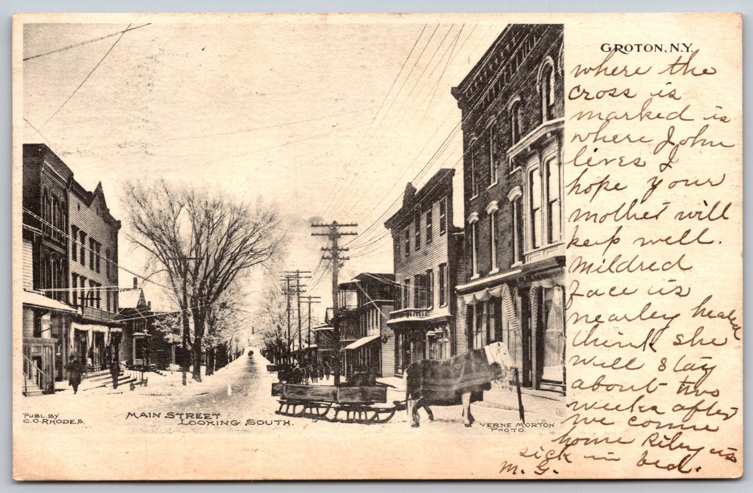 Groton NY Main Street Snow Scene 1908 Postcard Verne Morton E82