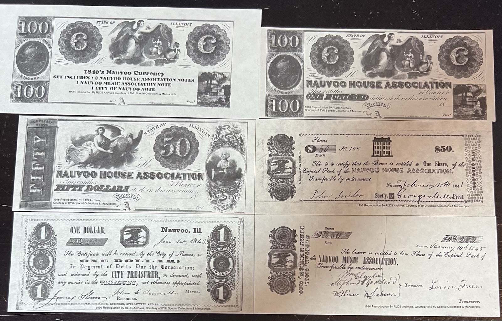 Set of 1840's Nauvoo Currency Nauvoo Illinois Vintage Reproductions LDS & RLDS
