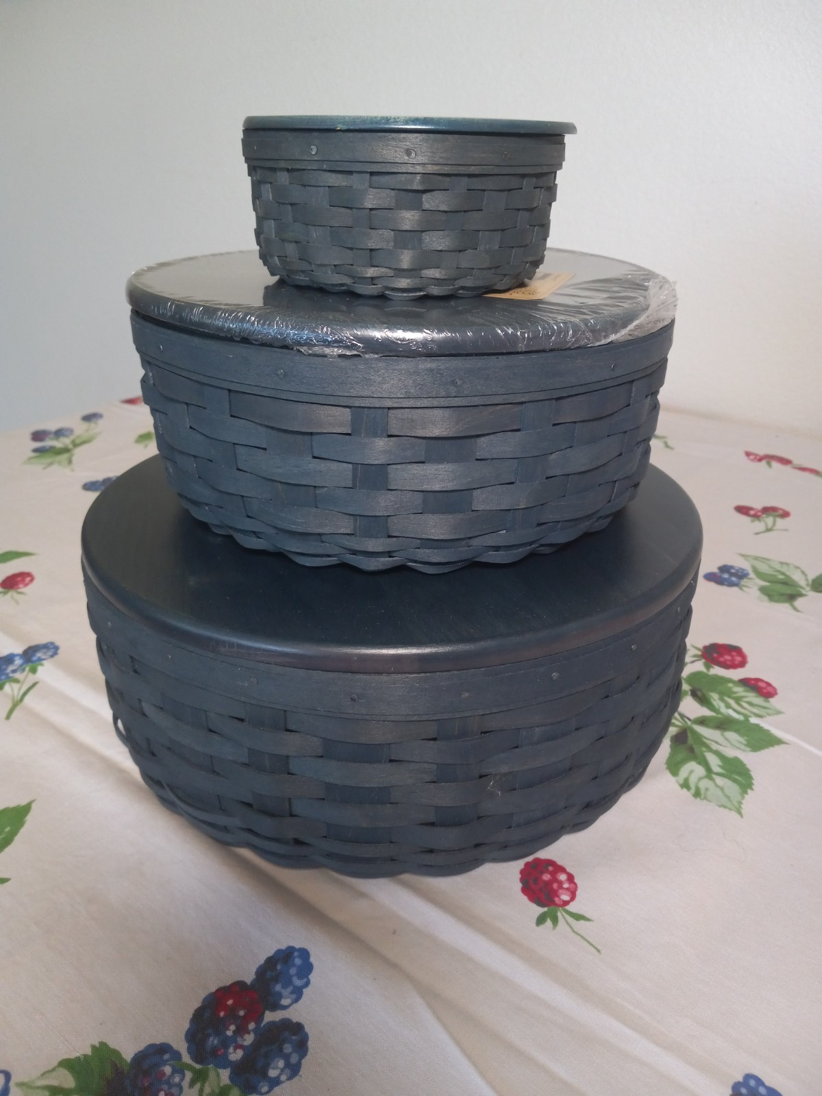 Longaberger Set of 3 Bold Blue Keeping Baskets, Protectors, and Lids